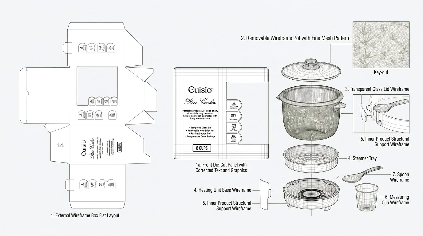 Cuisio rice cooker packaging wireframe and component layout